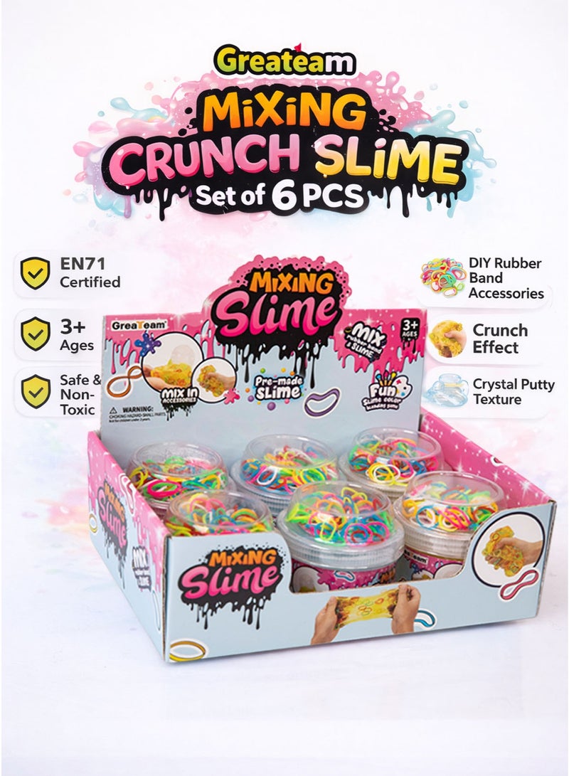 Greateam Mixing Slime Crunch Slime Set of 6 PCS  Crystal Putty + Soft Slime + Clear Slime + Stretchy Slime + Crunchy Slime  Pre-Made Ready-to-Play Slime Pots with DIY Rubber Band Accessories  Rainbow Loom Bands Mix-Ins  Sensory Play Toy ASMR Crunch Texture, Squishy Stretch Putty  Anti Stress Relieve Toy, Fidget Toy Tactile Learning Toy  Slime Crunch Assortment for Kids Boys Girls Children  Gift Toy  Safe Non Toxic High Quality  EN71 Certified EU Toy Safety Standard  3+ Years - Image 1